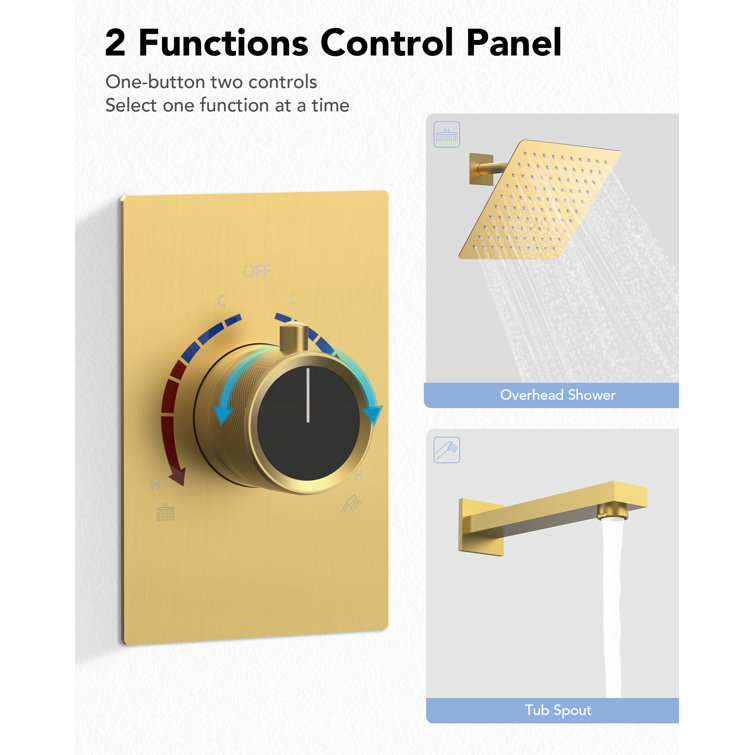 Brushed Gold Wall-Mounted Rain Shower and Tub Faucet Set