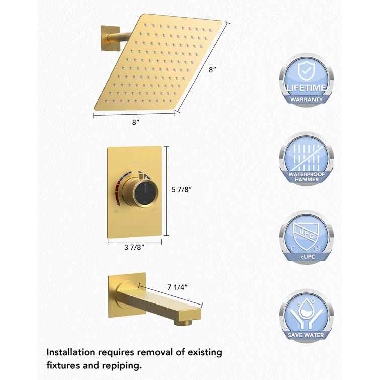 Brushed Gold Wall-Mounted Rain Shower and Tub Faucet Set
