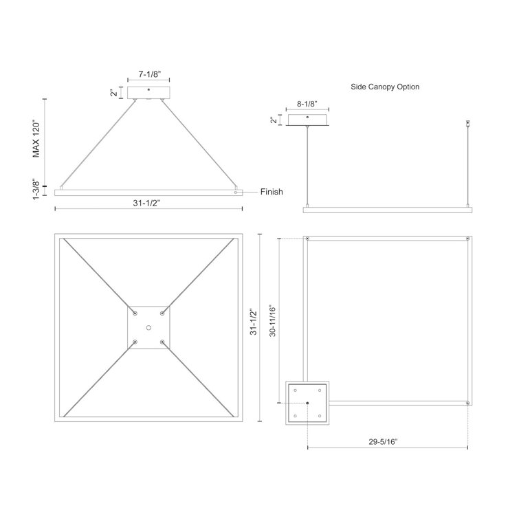 Sleek Piazza 31.5" Square LED Ceiling Chandelier in Black Aluminum
