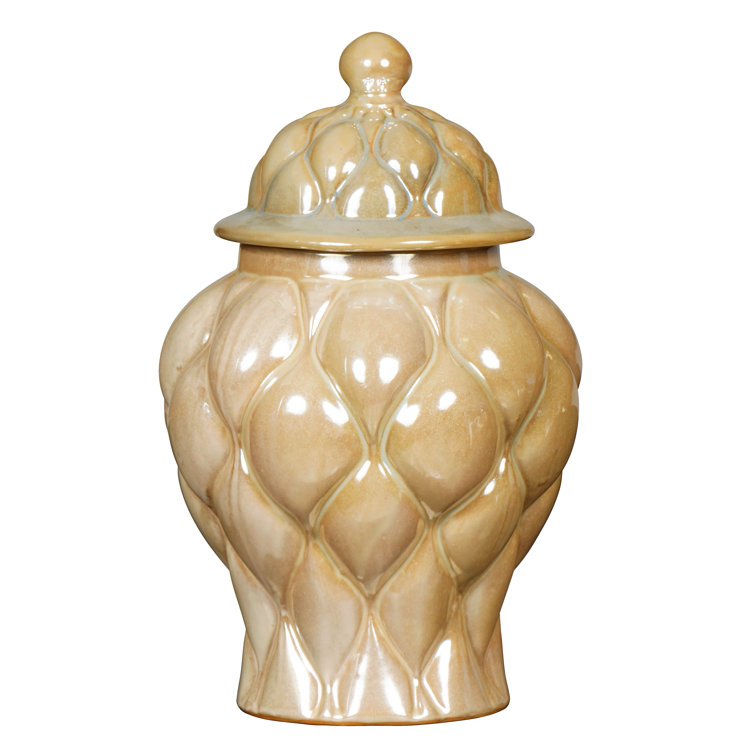 Cream Glaze Tufted Ceramic Decorative Urn with Lid