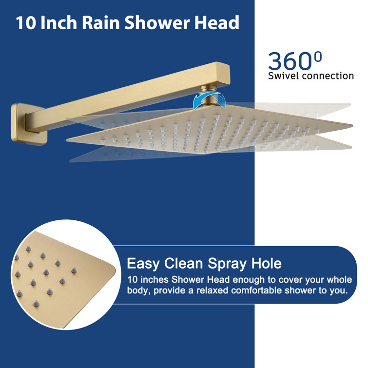 Brushed Gold 10" Square Rainfall Shower System with Handheld