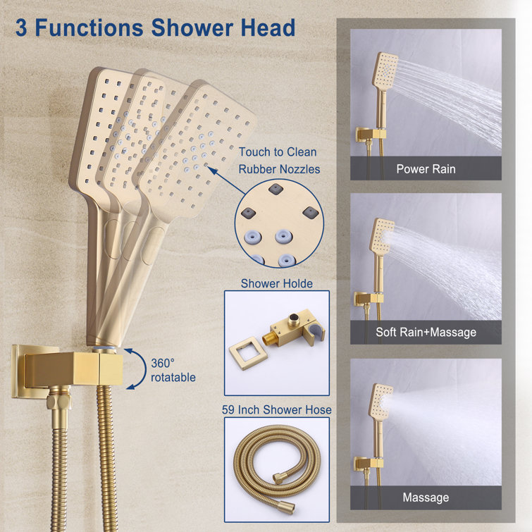 Brushed Gold 10" Square Rainfall Shower System with Handheld