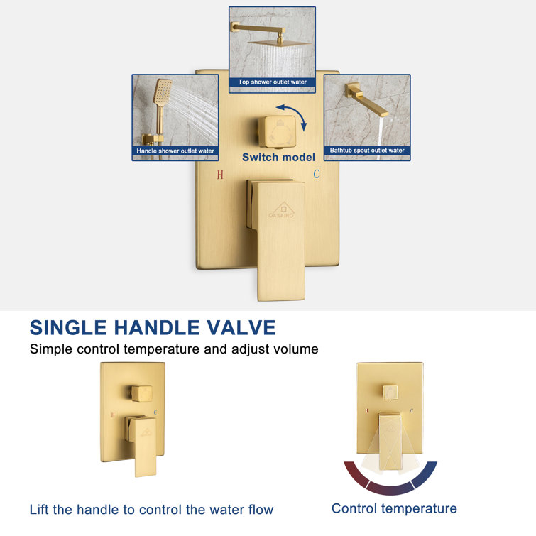 Brushed Gold 10" Square Rainfall Shower System with Handheld