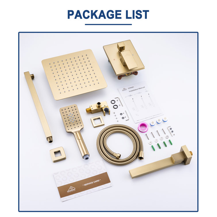 Brushed Gold 10" Square Rainfall Shower System with Handheld