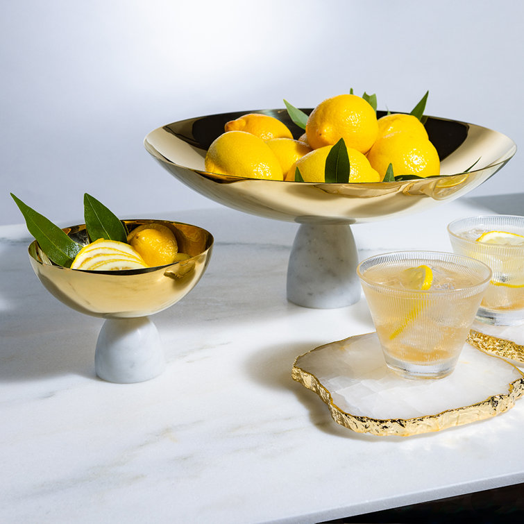 Gold Steel Fruit Bowl with Marble Pedestal