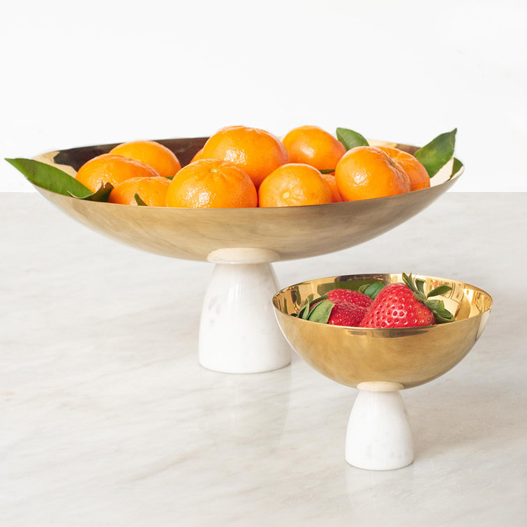 Gold Steel Fruit Bowl with Marble Pedestal