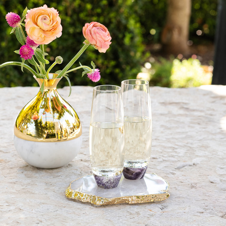 Clear and Amethyst Crystal Champagne Glass Set with Gemstone Base