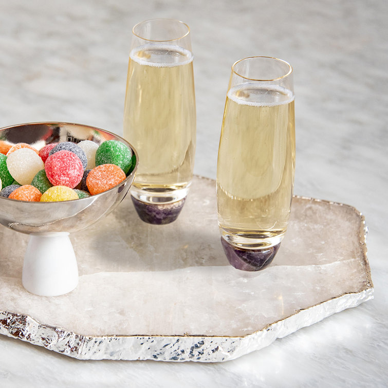 Clear and Amethyst Crystal Champagne Glass Set with Gemstone Base