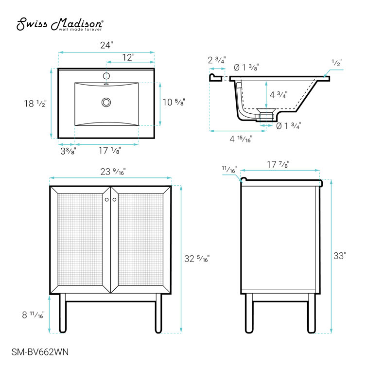 Classe 24" Dark Walnut Freestanding Bathroom Vanity with Cane Doors