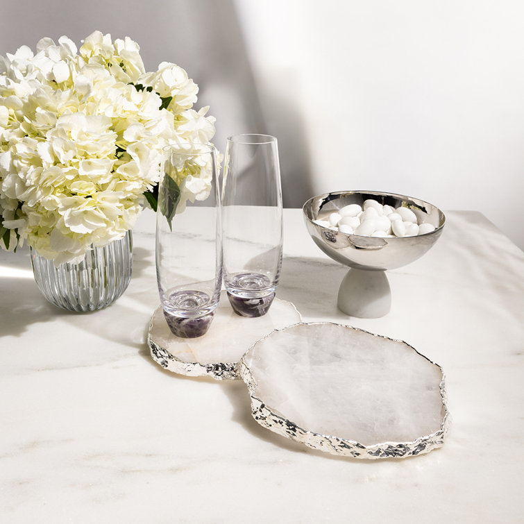 Organic-Shape White Glass and Silver Drink Coasters, Set of 2