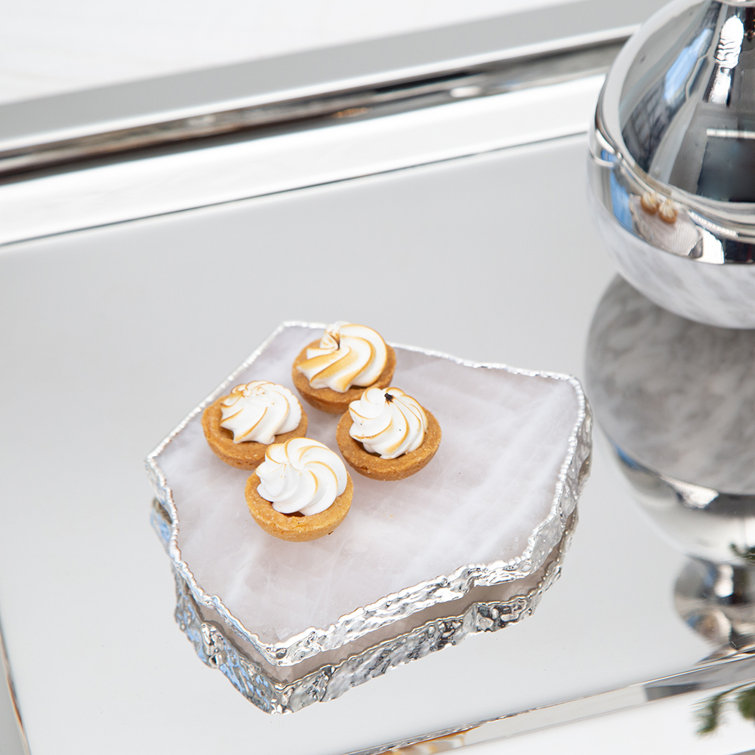 Organic-Shape White Glass and Silver Drink Coasters, Set of 2