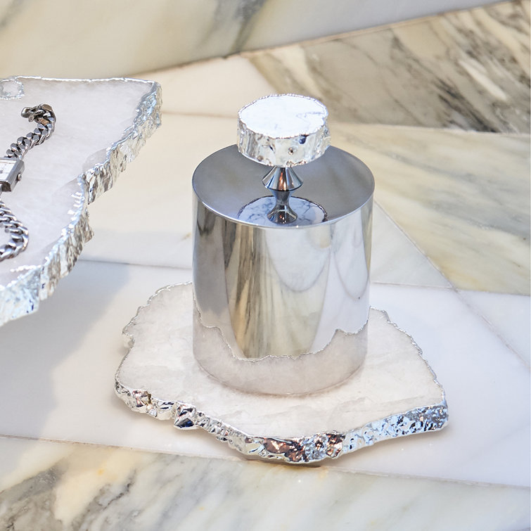 Organic-Shape White Glass and Silver Drink Coasters, Set of 2