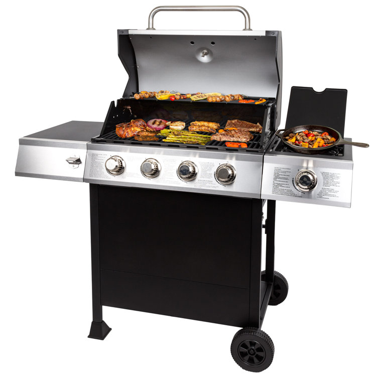Stainless Steel Black 4-Burner Propane Gas Grill with Side Burner