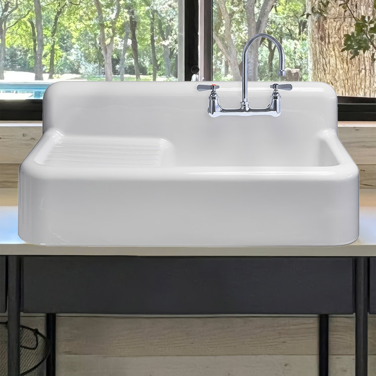 White Fireclay Farmhouse Sink with Drainboard and High Backsplash