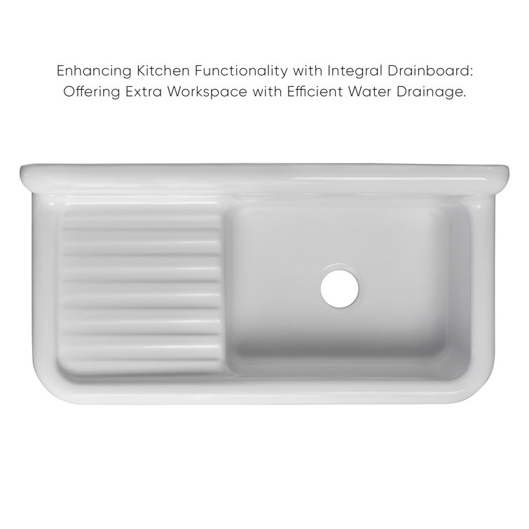 White Fireclay Farmhouse Sink with Drainboard and High Backsplash