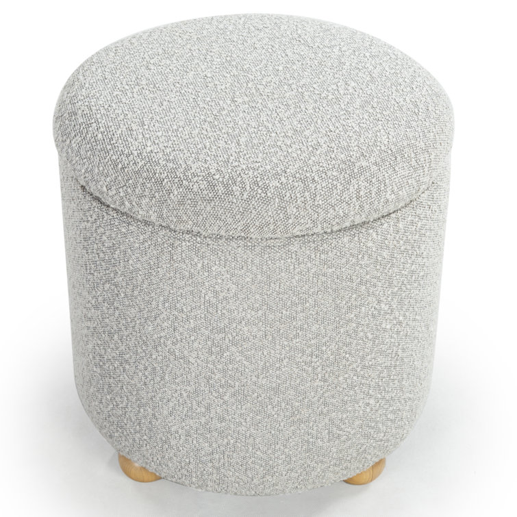 Becka Round Gray Boucle Storage Ottoman with Wood Legs
