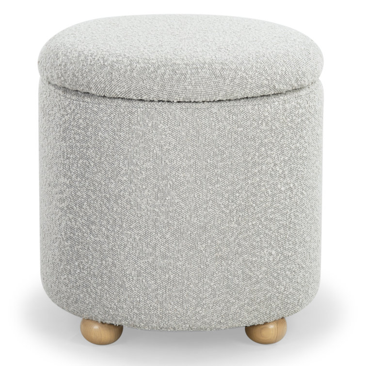 Becka Round Gray Boucle Storage Ottoman with Wood Legs