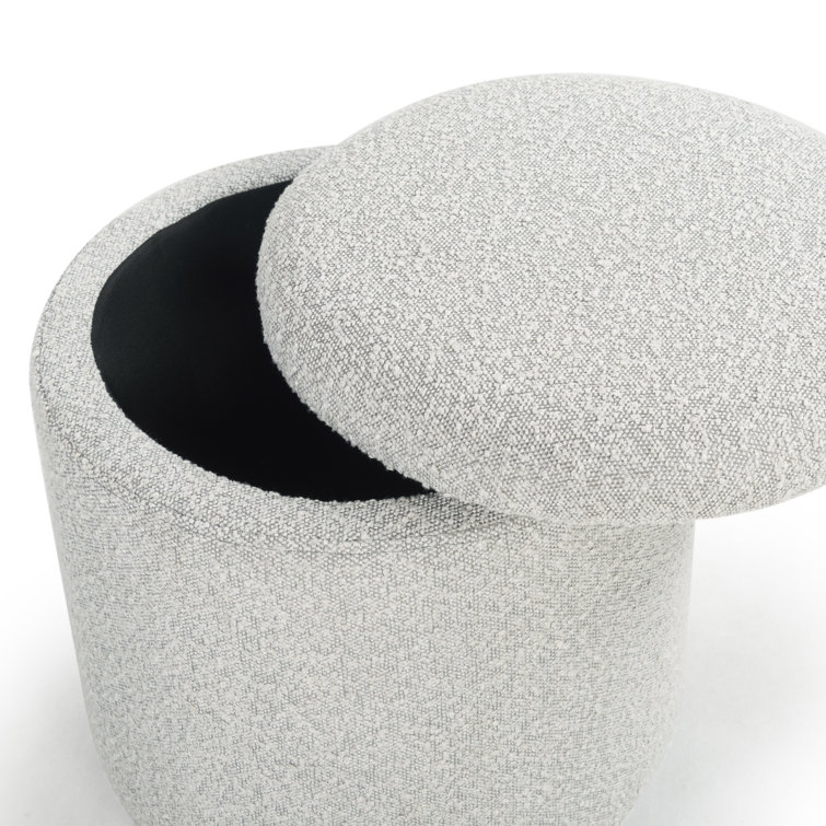 Becka Round Gray Boucle Storage Ottoman with Wood Legs