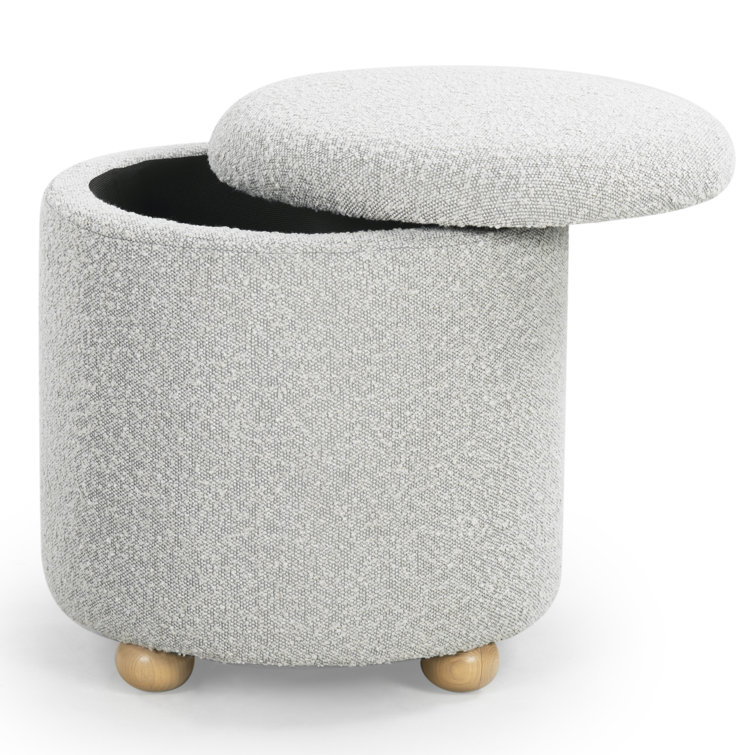 Becka Round Gray Boucle Storage Ottoman with Wood Legs