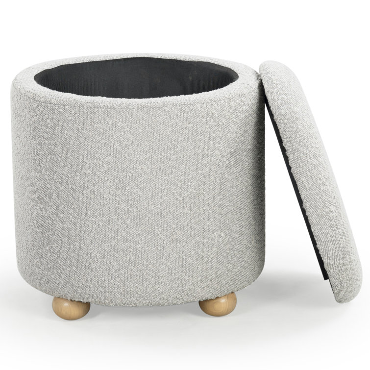 Becka Round Gray Boucle Storage Ottoman with Wood Legs