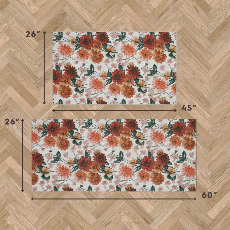 Laura Ashley Red Floral Chenille Washable Non-Slip Runner Rug Set