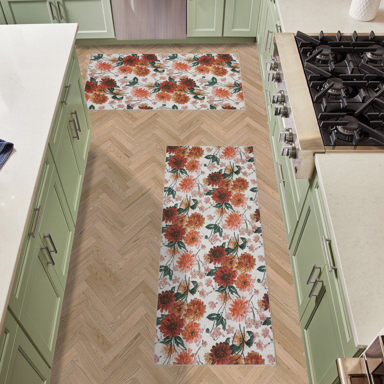Laura Ashley Red Floral Chenille Washable Non-Slip Runner Rug Set