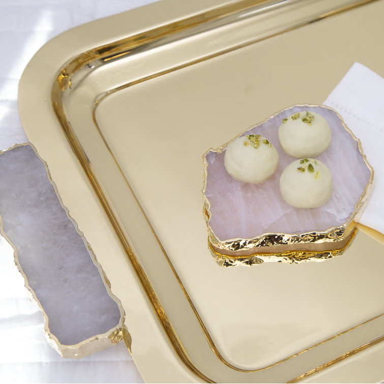 Rose Quartz and Gold-Plated Gemstone Coasters Set