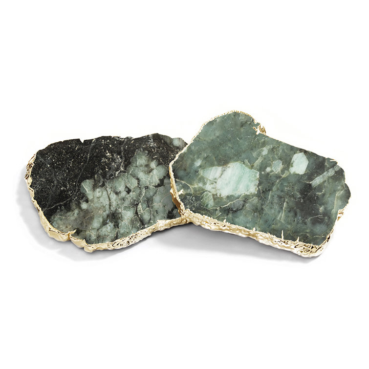 Emerald Green and Gold-Plated Gemstone Coasters Set