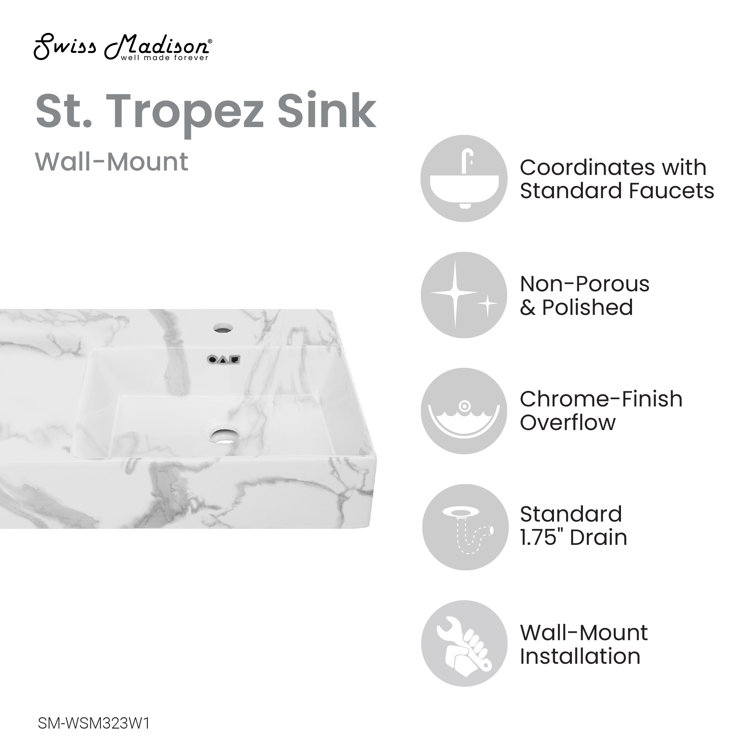St. Tropez 24" White Marble Wall-Mount Bathroom Sink