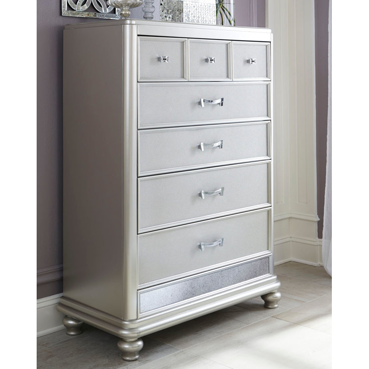 Glamorous Silver Mirrored 5-Drawer Chest with Felt-Lined Dovetail Drawers
