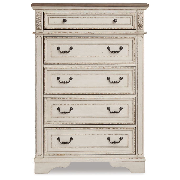 Charming Cottage White 5-Drawer Chest with Distressed Wood Top