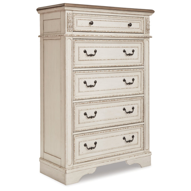 Charming Cottage White 5-Drawer Chest with Distressed Wood Top