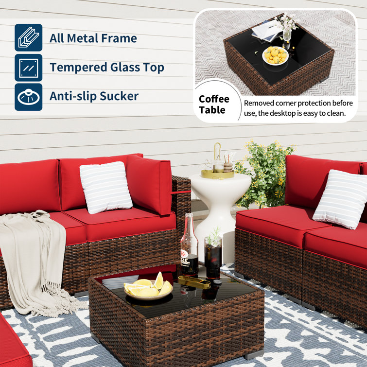 Wine Red 7-Piece Rattan Outdoor Sectional Sofa Set with Cushions