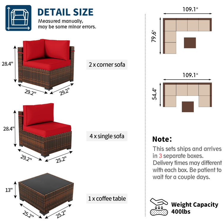 Wine Red 7-Piece Rattan Outdoor Sectional Sofa Set with Cushions