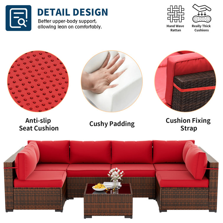 Wine Red 7-Piece Rattan Outdoor Sectional Sofa Set with Cushions