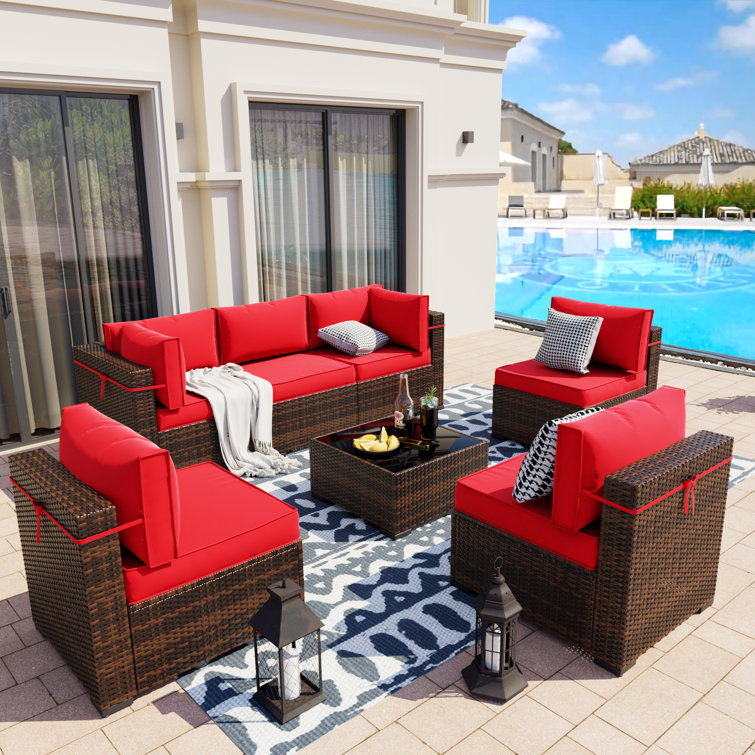 Wine Red 7-Piece Rattan Outdoor Sectional Sofa Set with Cushions