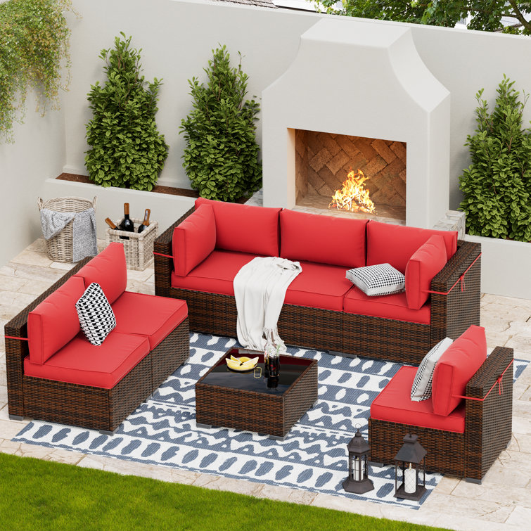 Wine Red 7-Piece Rattan Outdoor Sectional Sofa Set with Cushions