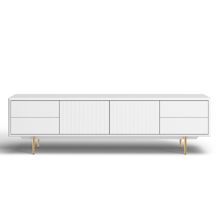 White Modern Media Console with Gold Legs and Cabinet