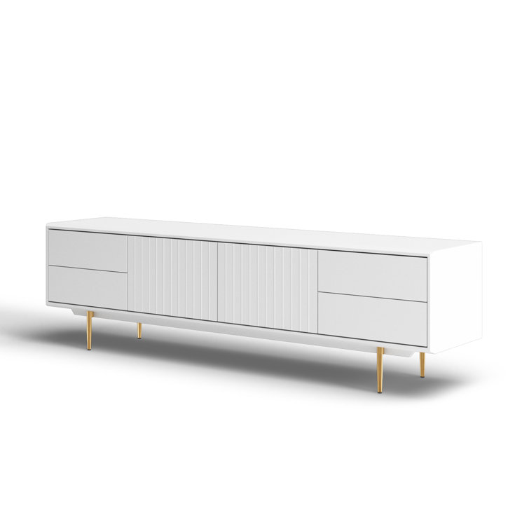 White Modern Media Console with Gold Legs and Cabinet