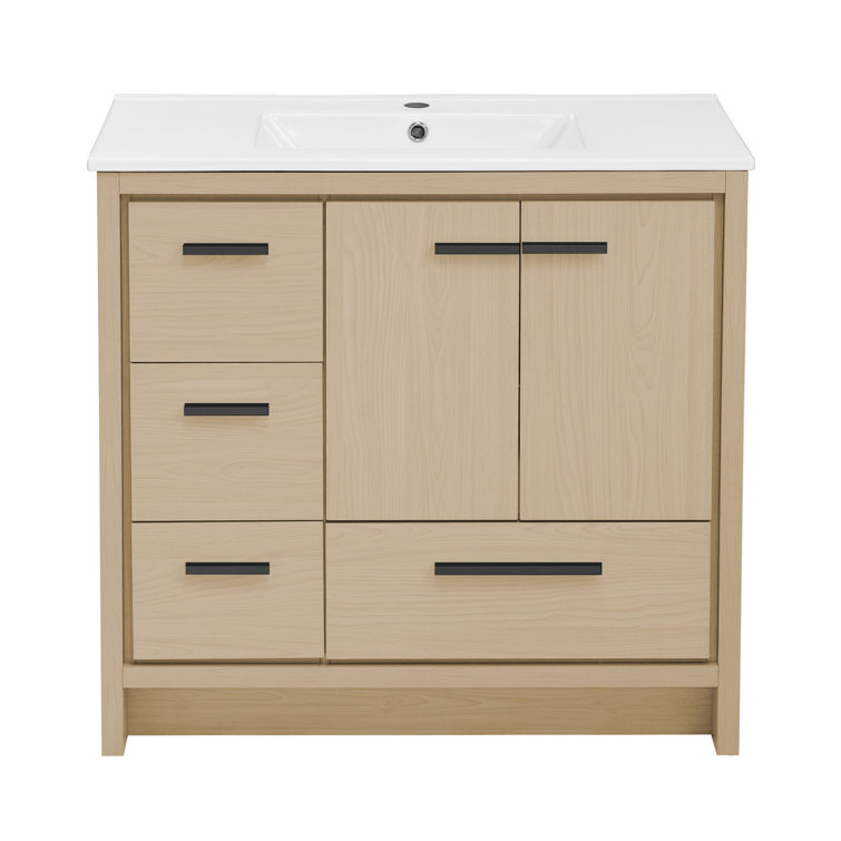 Virage 36" Light Oak MDF Freestanding Bathroom Vanity with Ceramic Top