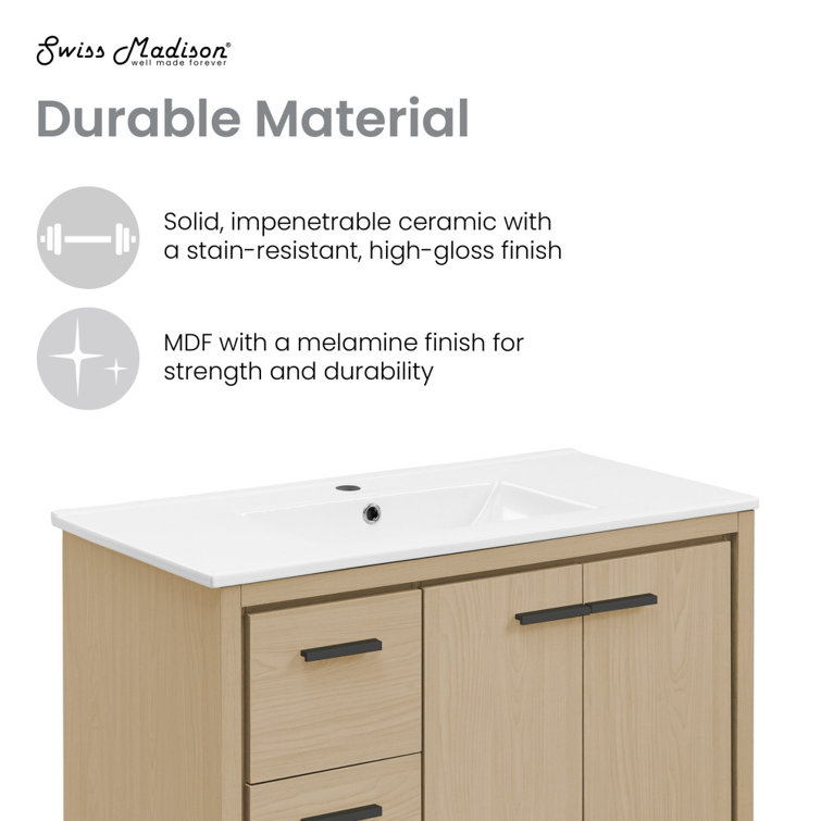 Virage 36" Light Oak MDF Freestanding Bathroom Vanity with Ceramic Top