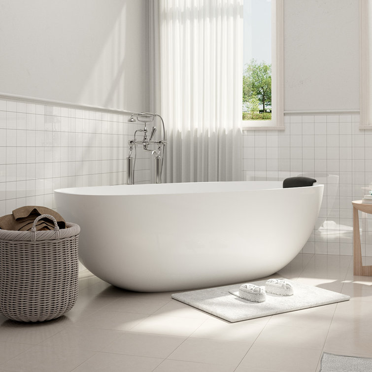 71'' Matte White Freestanding Soaking Tub with Black Pillow