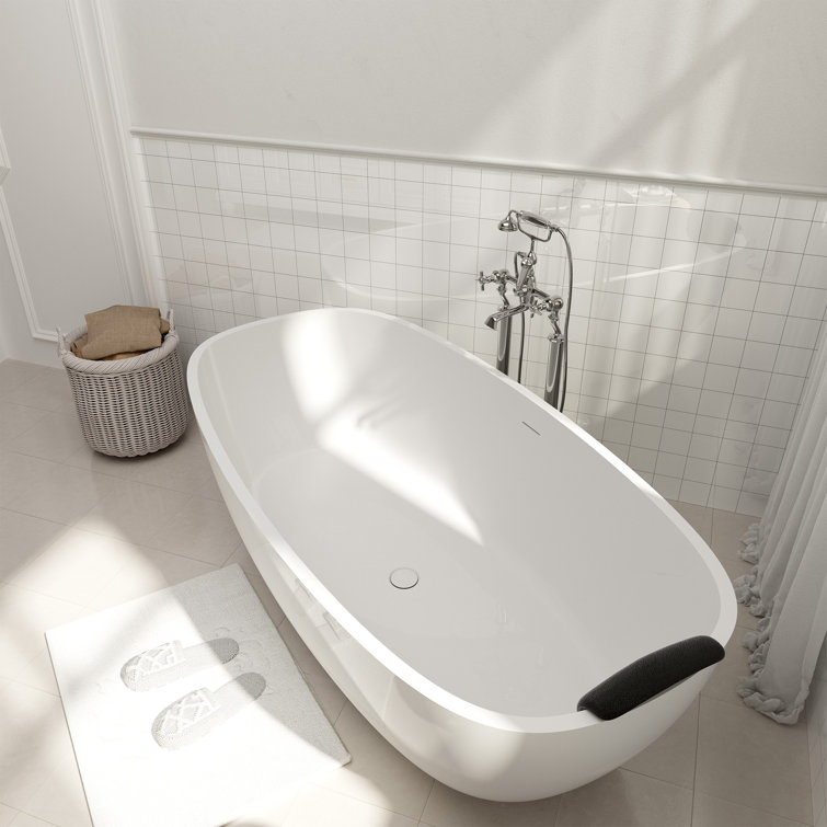 71'' Matte White Freestanding Soaking Tub with Black Pillow