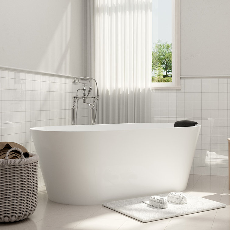 59" White Solid Surface Freestanding Soaking Bathtub with Black Pillow