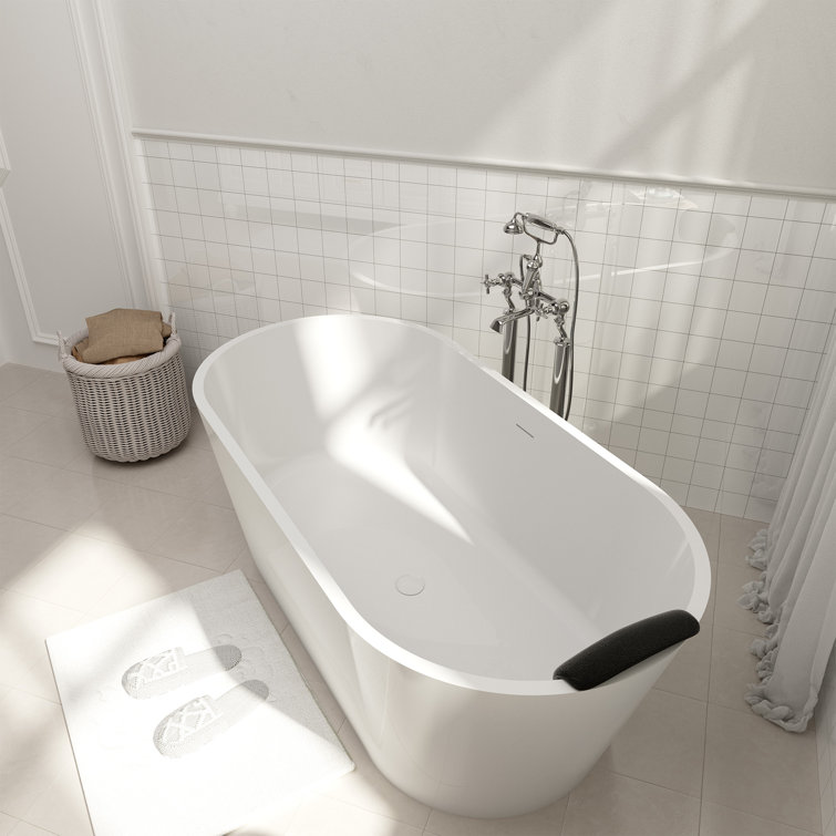 59" White Solid Surface Freestanding Soaking Bathtub with Black Pillow