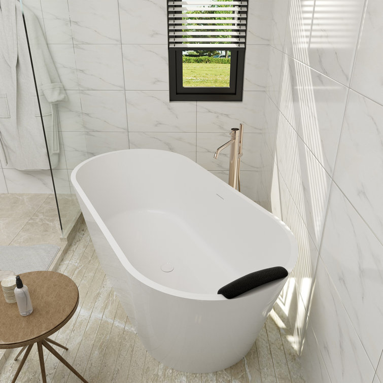 67" White Solid Surface Freestanding Soaking Tub with Black Pillow