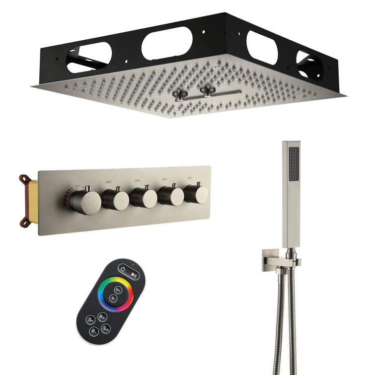 Brushed Nickel Dual Head LED Ceiling Mounted Rain Shower System