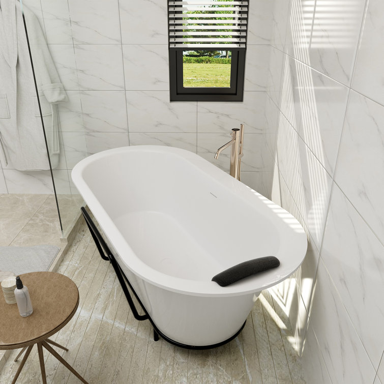 Matte White 67" Freestanding Soaking Bathtub with Black Pillow