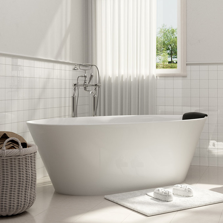 67" Matte White Freestanding Solid Surface Resin Bathtub with Black Pillow