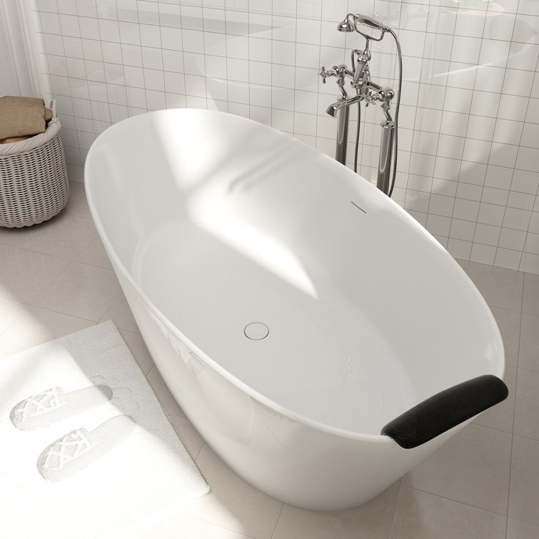 67" Matte White Freestanding Solid Surface Resin Bathtub with Black Pillow